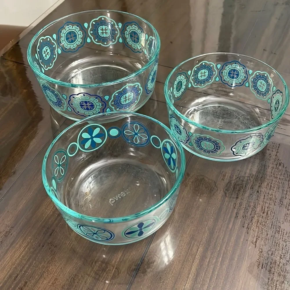 Turquoise and  Blue Daisy Pinwheel Design Pyrex Bowls